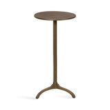 Round metal side table with a simple flat top and a slender central stem supported by a three-legged curved base in a bronze finish.