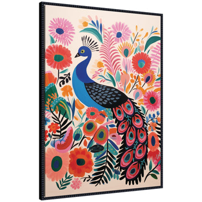 Bright colorful boho peacock framed canvas wall art featuring vivid tones and patterns