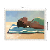 Profile view of a woman with dark hair in a green swimsuit lying on a striped blue and white towel under a clear blue sky, basking in sunlight.