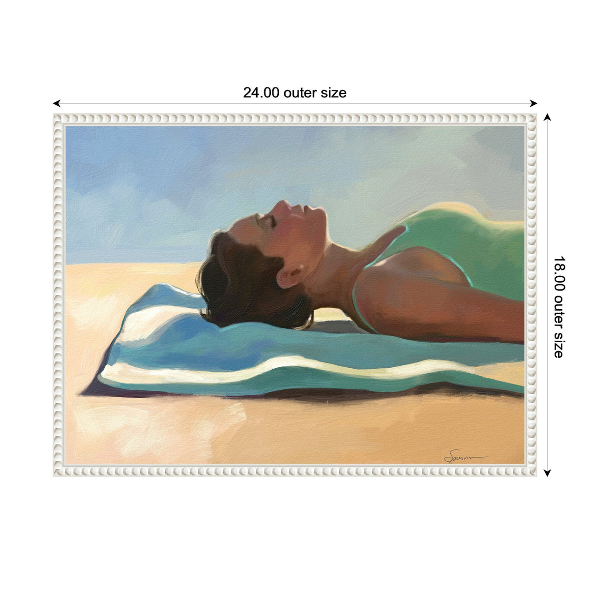 Profile view of a woman with dark hair in a green swimsuit lying on a striped blue and white towel under a clear blue sky, basking in sunlight.