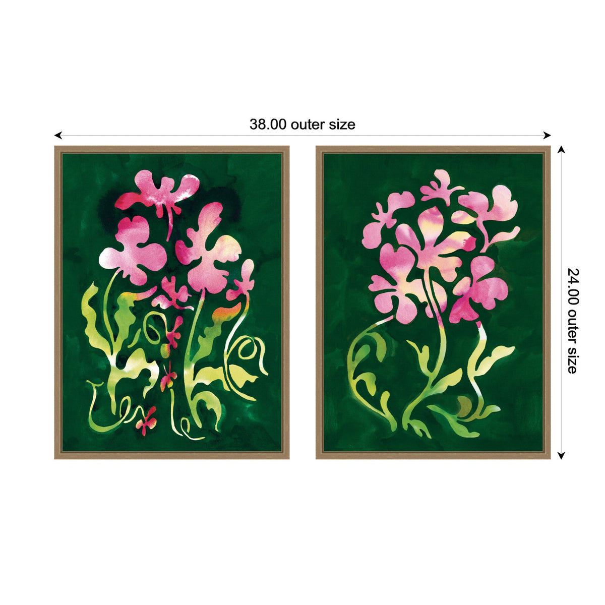 Two framed canvas prints each featuring stylized pink and yellow flowers with green stems on a dark green background, arranged side by side.