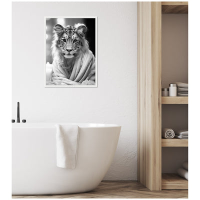 Sylvie Tiger Glam Bathroom Towel Robe Black and White Framed Canvas by The Creative Bunch Studio