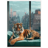 A large tiger with vivid orange and black stripes lounges on a teal cushioned sofa with a New York City skyline, including the Empire State Building, visible through tall windows behind.