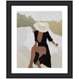 Stylized artwork of a woman wearing a wide-brimmed hat and black dress with an open back, sitting with one leg crossed, against muted green and beige background.