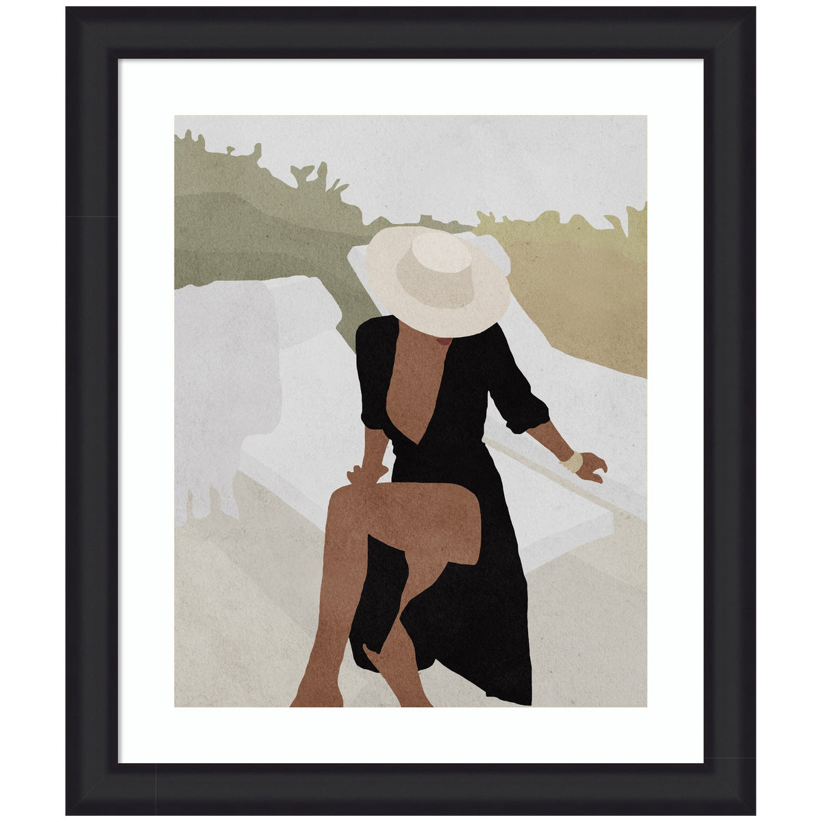 Stylized artwork of a woman wearing a wide-brimmed hat and black dress with an open back, sitting with one leg crossed, against muted green and beige background.