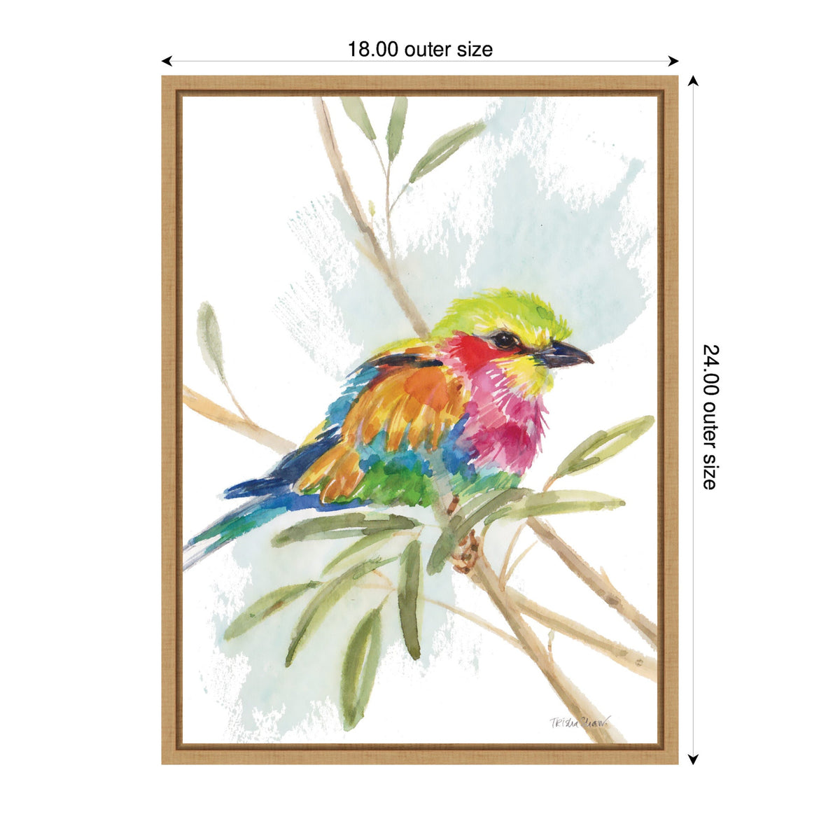 Watercolor painting of a small bird with vibrant yellow, pink, orange, and blue feathers perched on a leafy branch against a light blue background, framed in light wood.