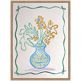 Simple line art of a blue and gold vase holding abstract yellow flowers and green leaves, bordered by a green wavy line with bow corners on white background.