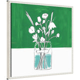 Line drawing of white flowers in a clear rectangular vase with blue water on a two-tone green and white background, framed with a white beaded edge.