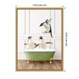 Three penguins interacting in a green clawfoot bathtub filled with bubbles on a wooden floor and white paneled wall background, one penguin jumping in mid-air.