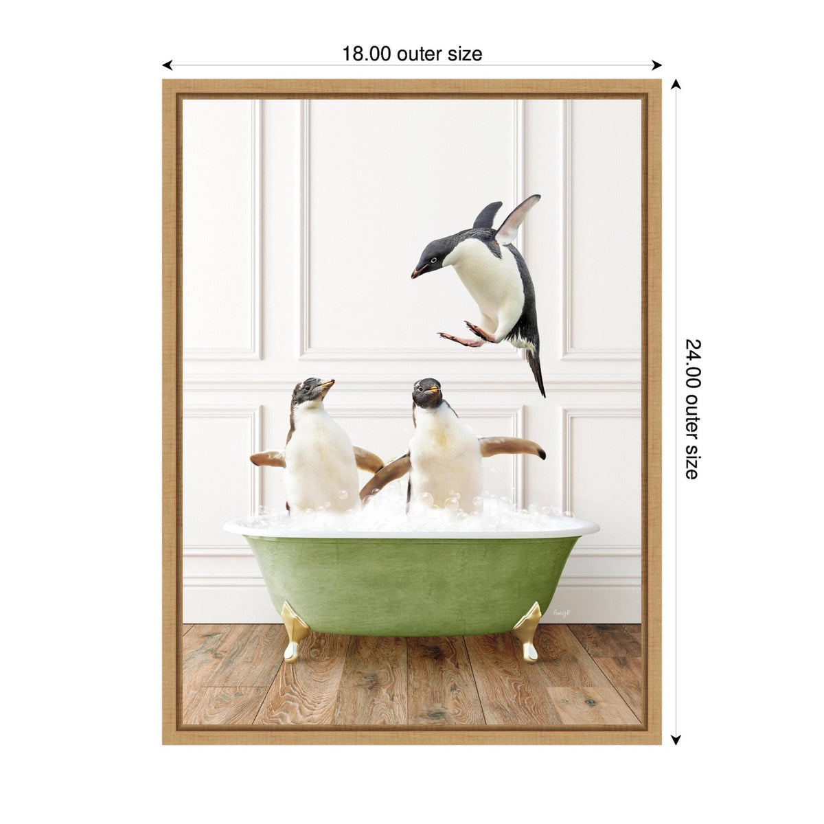 Three penguins interacting in a green clawfoot bathtub filled with bubbles on a wooden floor and white paneled wall background, one penguin jumping in mid-air.