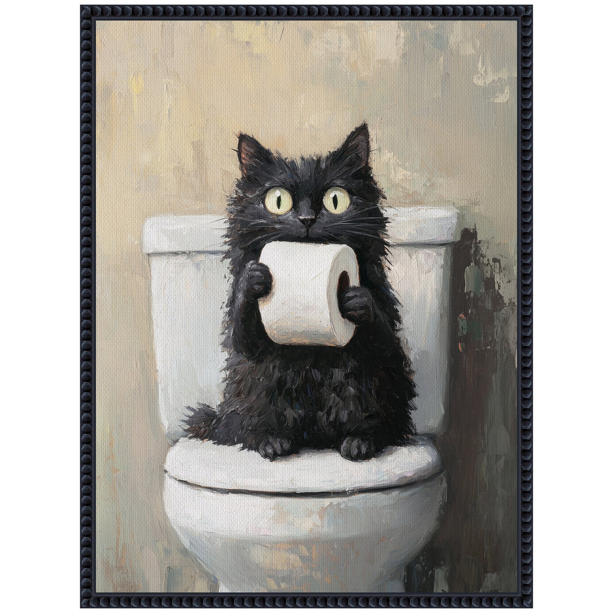 Painting of a fluffy black cat with wide yellow eyes sitting on a white toilet holding a roll of toilet paper against a beige textured wall, framed in black.
