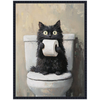 Sylvie Funny Black Cat Toilet Paper Roll Toilet Bathroom Art Framed Canvas by The Creative Bunch Studio