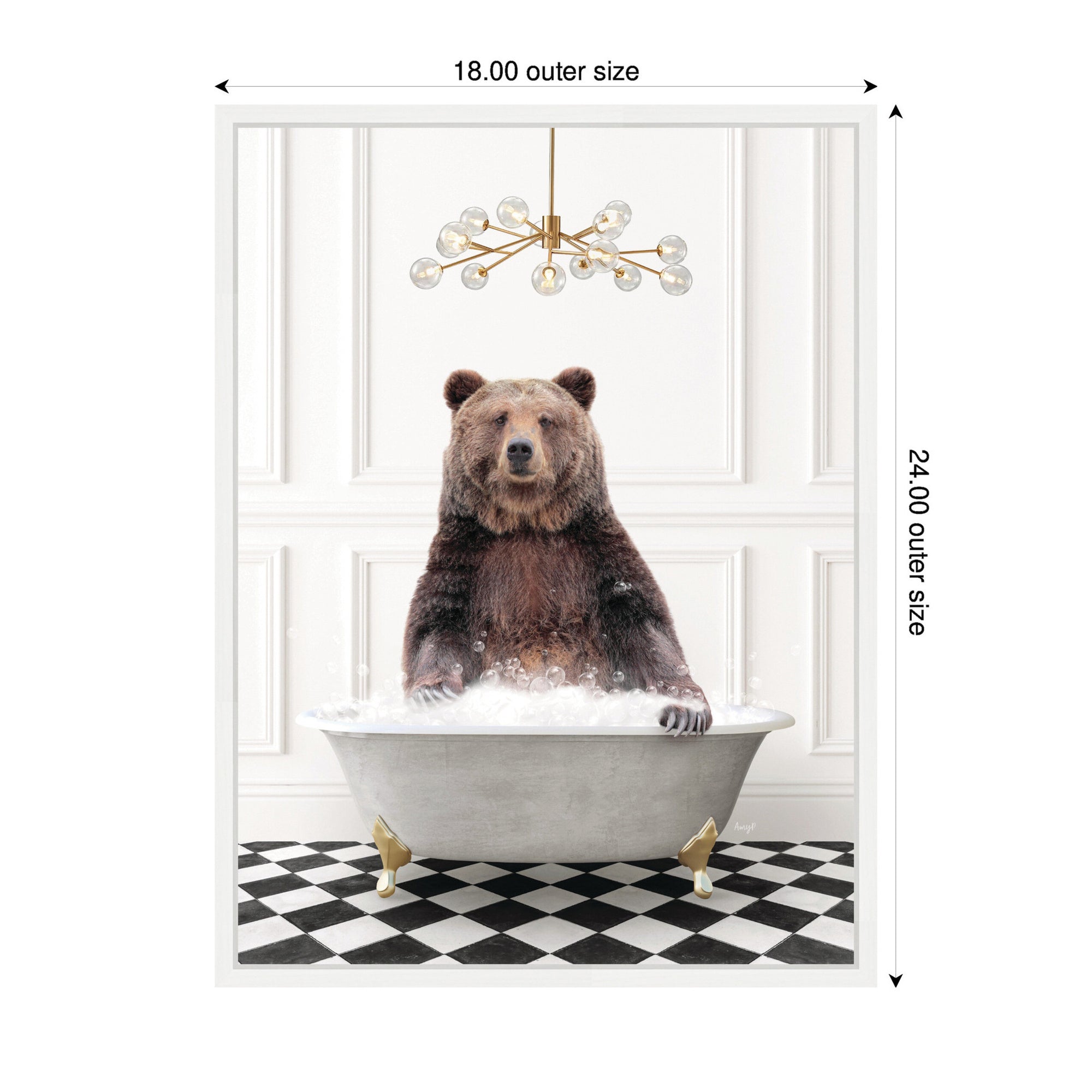 Sylvie Bear in Gray Bathtub on Checker Floor Framed Canvas by Amy Peterson