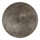 Top view of a round coffee table surface with a textured, mottled gray finish and slightly irregular edges creating a subtle organic shape.