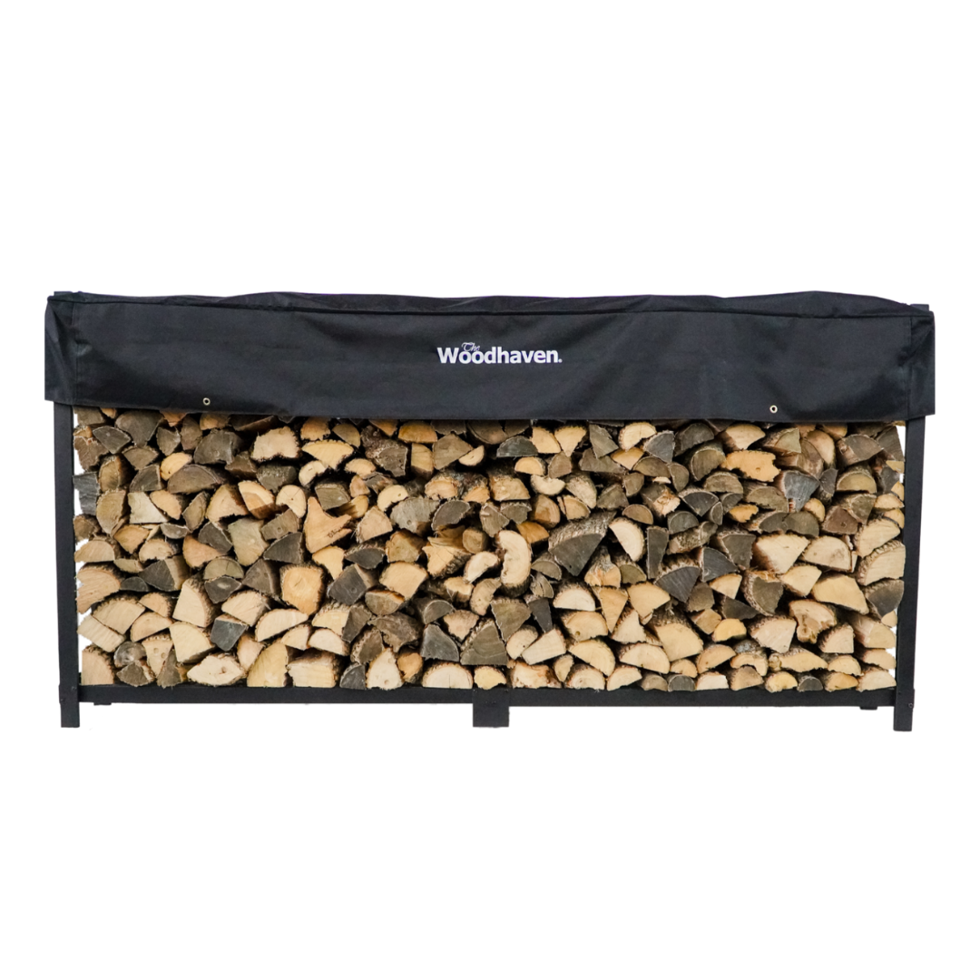 The Woodhaven 8 ft Steel Firewood Rack in black and brown with optional seasoning cover and support bases