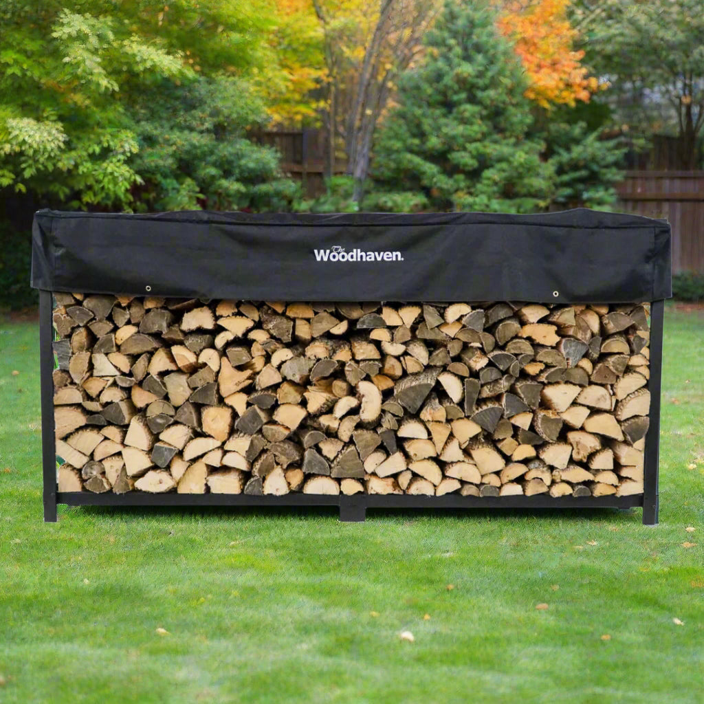 The Woodhaven 8 ft Steel Firewood Rack in black and brown with optional seasoning cover and support bases