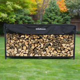 The Woodhaven 8 ft Steel Firewood Rack in black and brown with optional seasoning cover and support bases