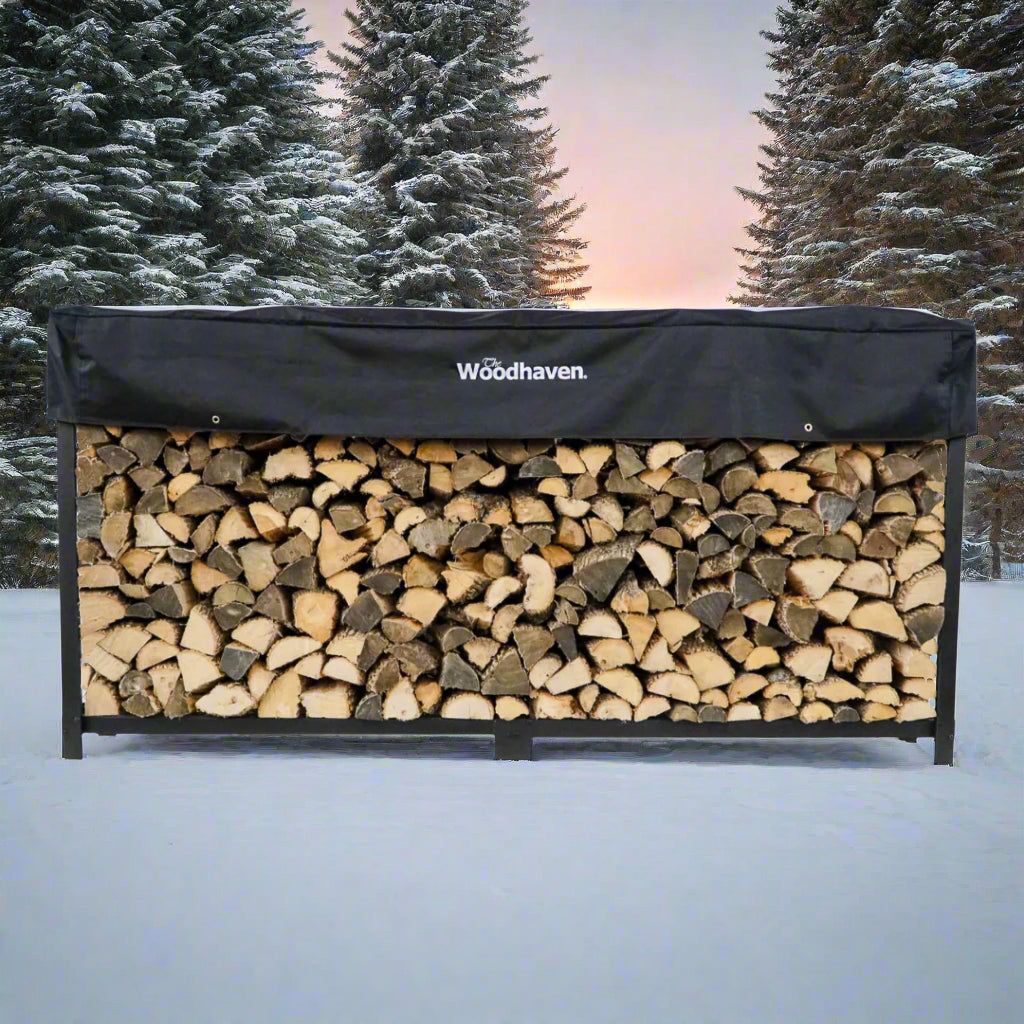 The Woodhaven 8 ft Steel Firewood Rack in black and brown with optional seasoning cover and support bases