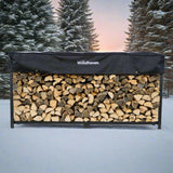 The Woodhaven 8 ft Steel Firewood Rack in black and brown with optional seasoning cover and support bases