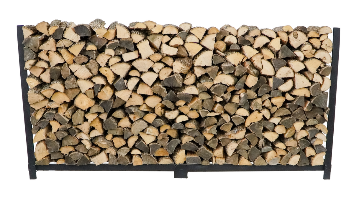 The Woodhaven 8 ft Steel Firewood Rack in black and brown with optional seasoning cover and support bases