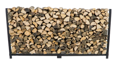 The Woodhaven 8 ft Steel Firewood Rack in black and brown with optional seasoning cover and support bases
