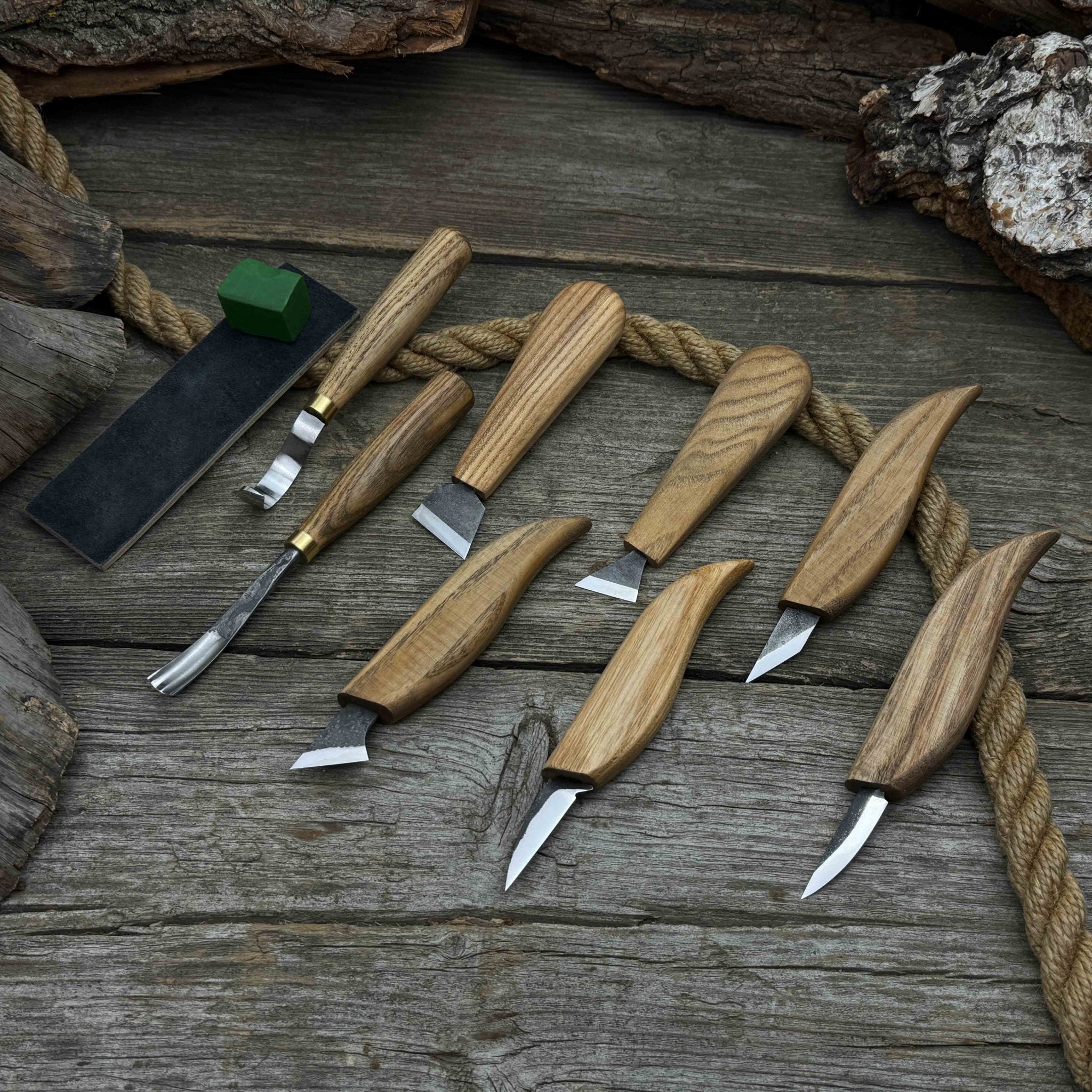 9-piece spoon carving tool set with sharpening board and leather case by Sharky Forged Steel Tools