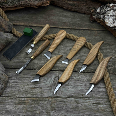 9-piece spoon carving tool set with sharpening board and leather case by Sharky Forged Steel Tools