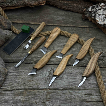 9-piece spoon carving tool set with sharpening board and leather case by Sharky Forged Steel Tools