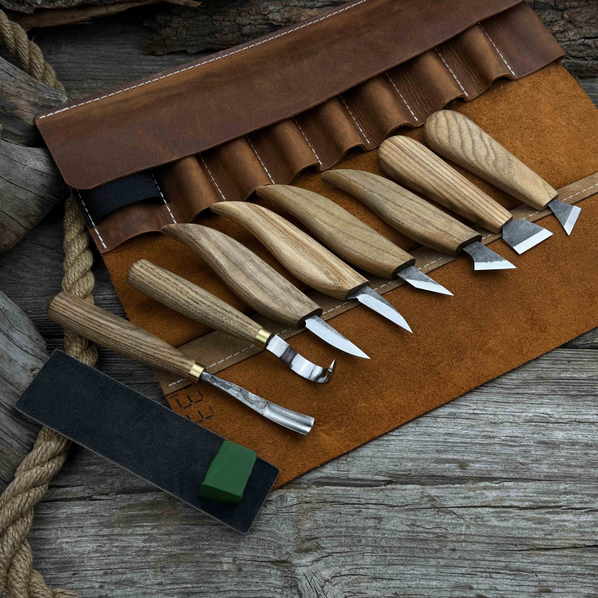 9-piece spoon carving tool set with sharpening board and leather case by Sharky Forged Steel Tools