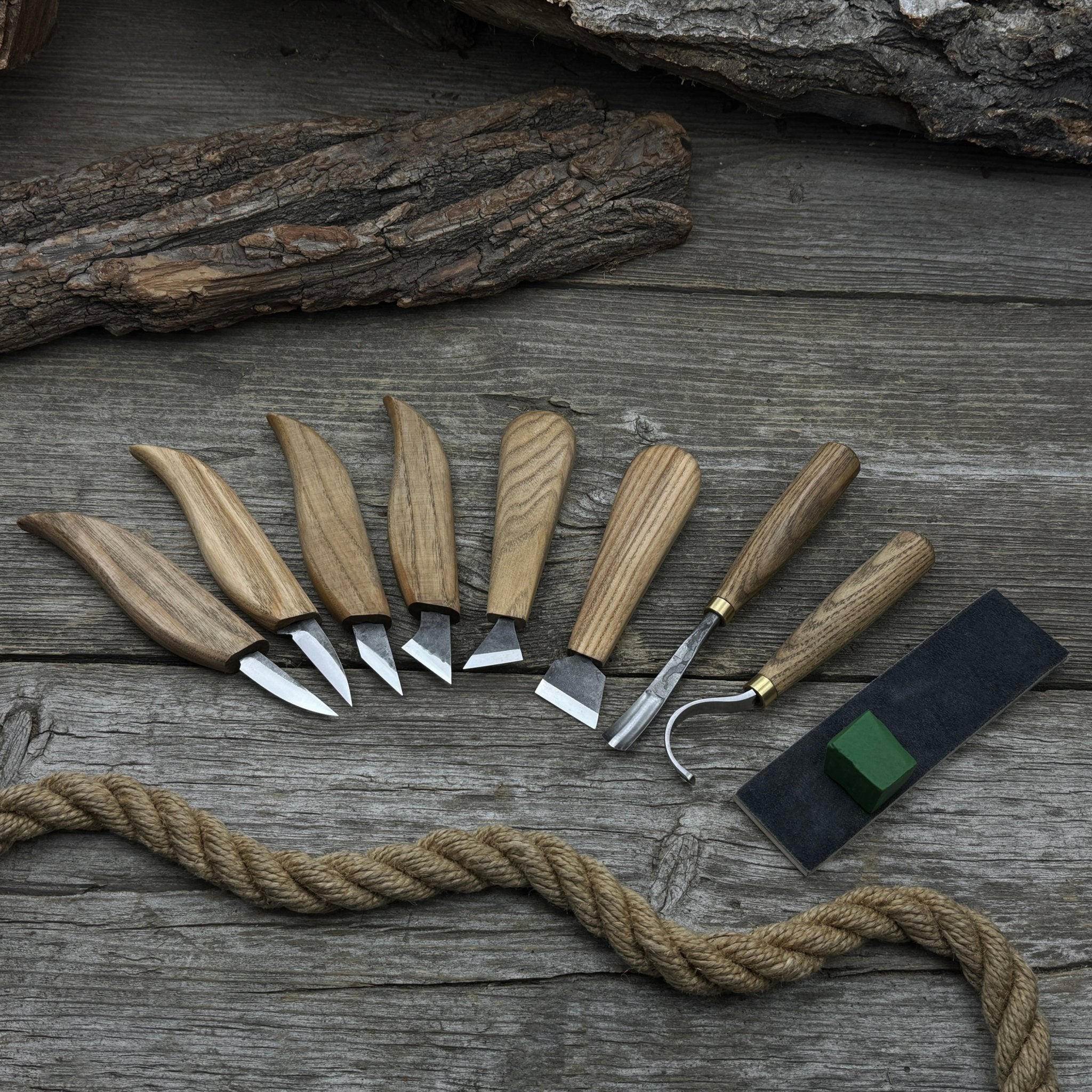 9-piece spoon carving tool set with sharpening board and leather case by Sharky Forged Steel Tools