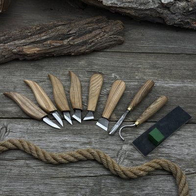 9-piece spoon carving tool set with sharpening board and leather case by Sharky Forged Steel Tools