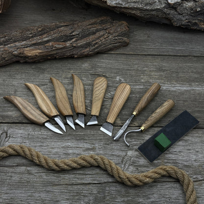 9-piece spoon carving tool set with sharpening board and leather case by Sharky Forged Steel Tools