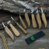 9-piece spoon carving tool set with sharpening board and leather case by Sharky Forged Steel Tools