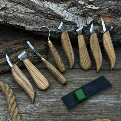 9-piece spoon carving tool set with sharpening board and leather case by Sharky Forged Steel Tools