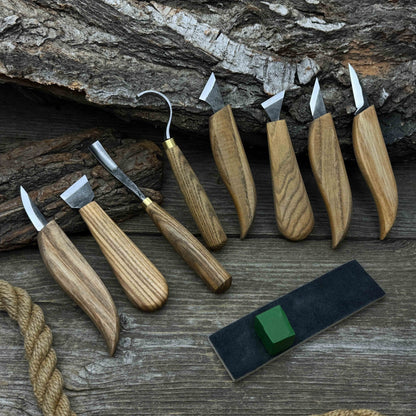 9-piece spoon carving tool set with sharpening board and leather case by Sharky Forged Steel Tools