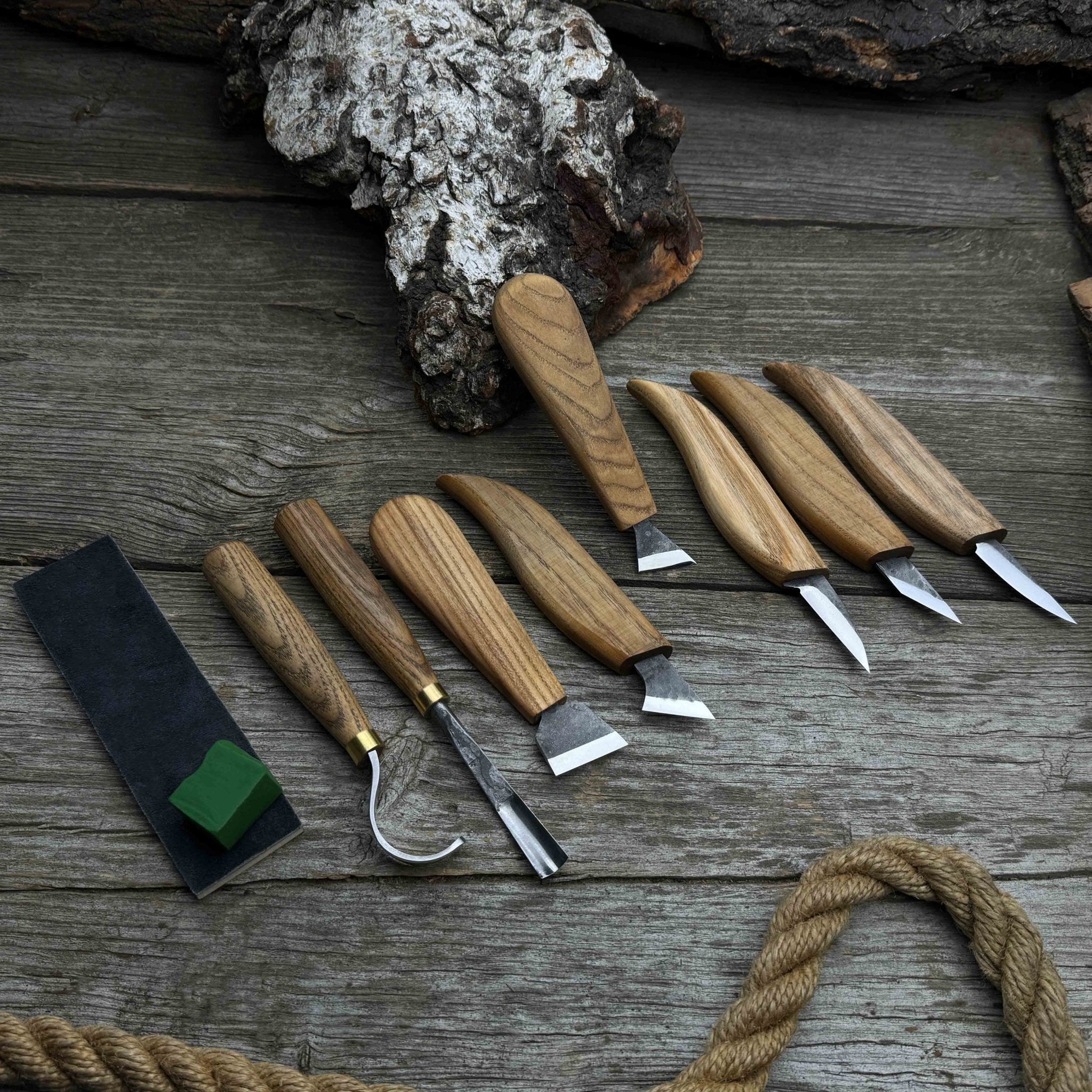 9-piece spoon carving tool set with sharpening board and leather case by Sharky Forged Steel Tools