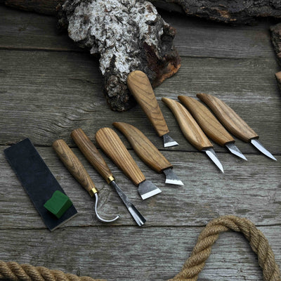 9-piece spoon carving tool set with sharpening board and leather case by Sharky Forged Steel Tools