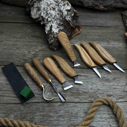 9-piece spoon carving tool set with sharpening board and leather case by Sharky Forged Steel Tools