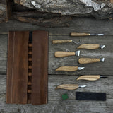 9-piece spoon carving tool set with sharpening board and leather case by Sharky Forged Steel Tools