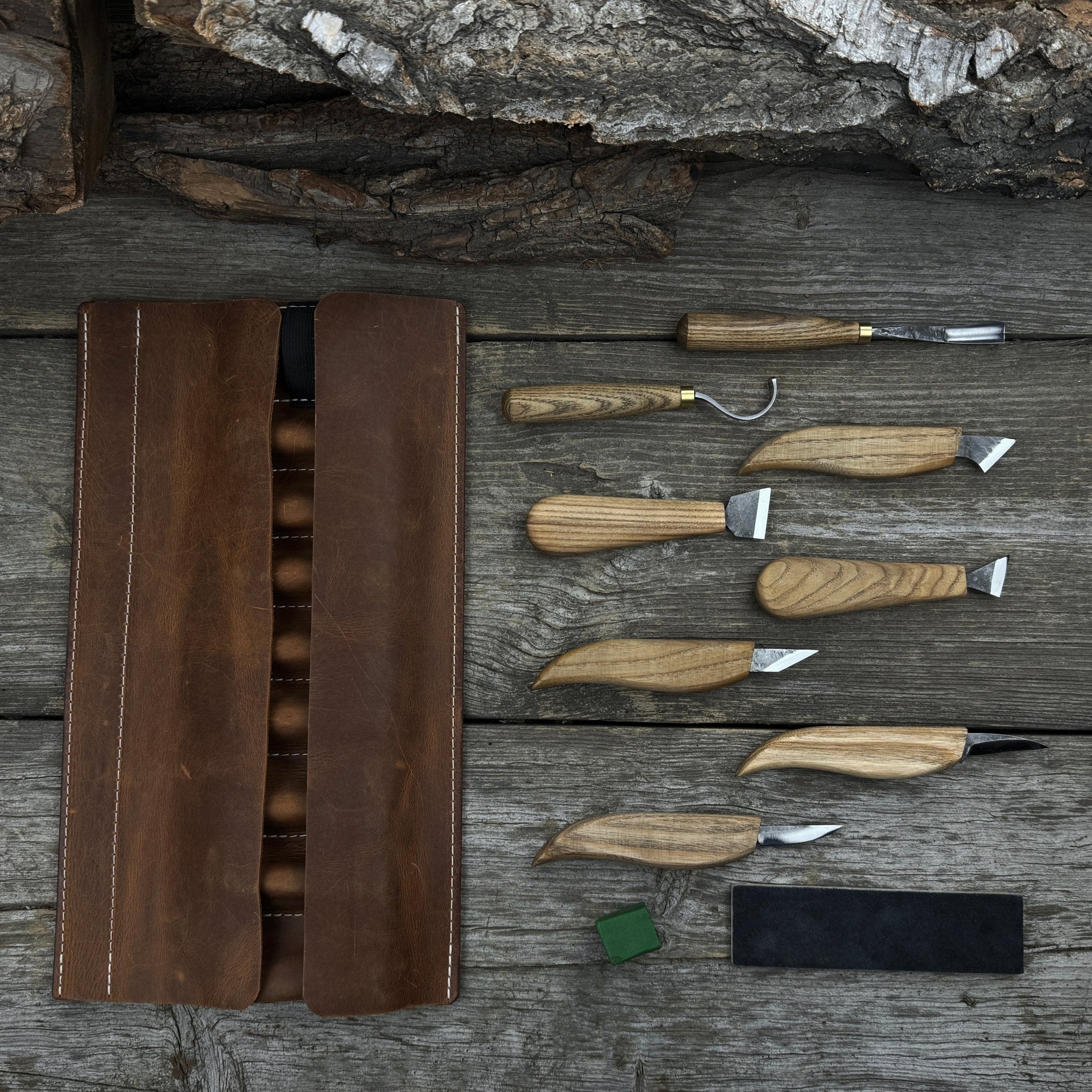 9-piece spoon carving tool set with sharpening board and leather case by Sharky Forged Steel Tools