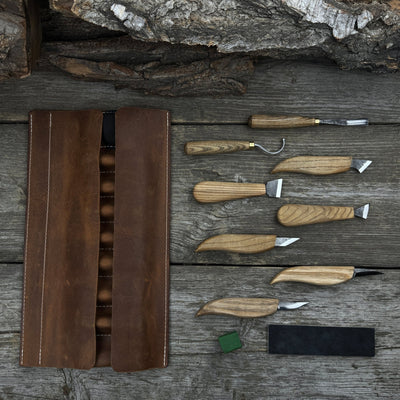 9-piece spoon carving tool set with sharpening board and leather case by Sharky Forged Steel Tools