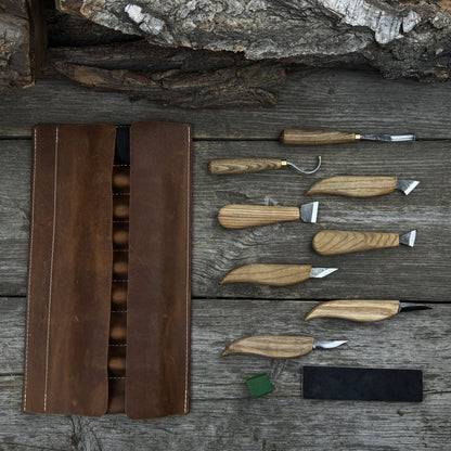 9-piece spoon carving tool set with sharpening board and leather case by Sharky Forged Steel Tools