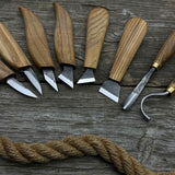9-piece spoon carving tool set with sharpening board and leather case by Sharky Forged Steel Tools