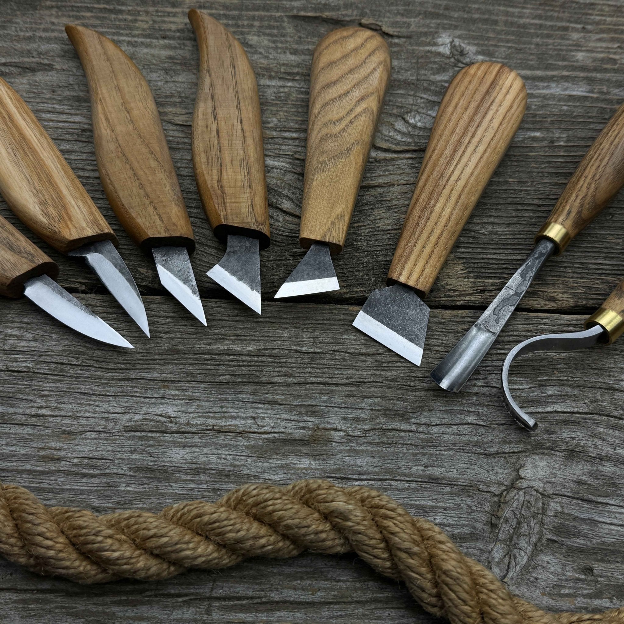 9-piece spoon carving tool set with sharpening board and leather case by Sharky Forged Steel Tools