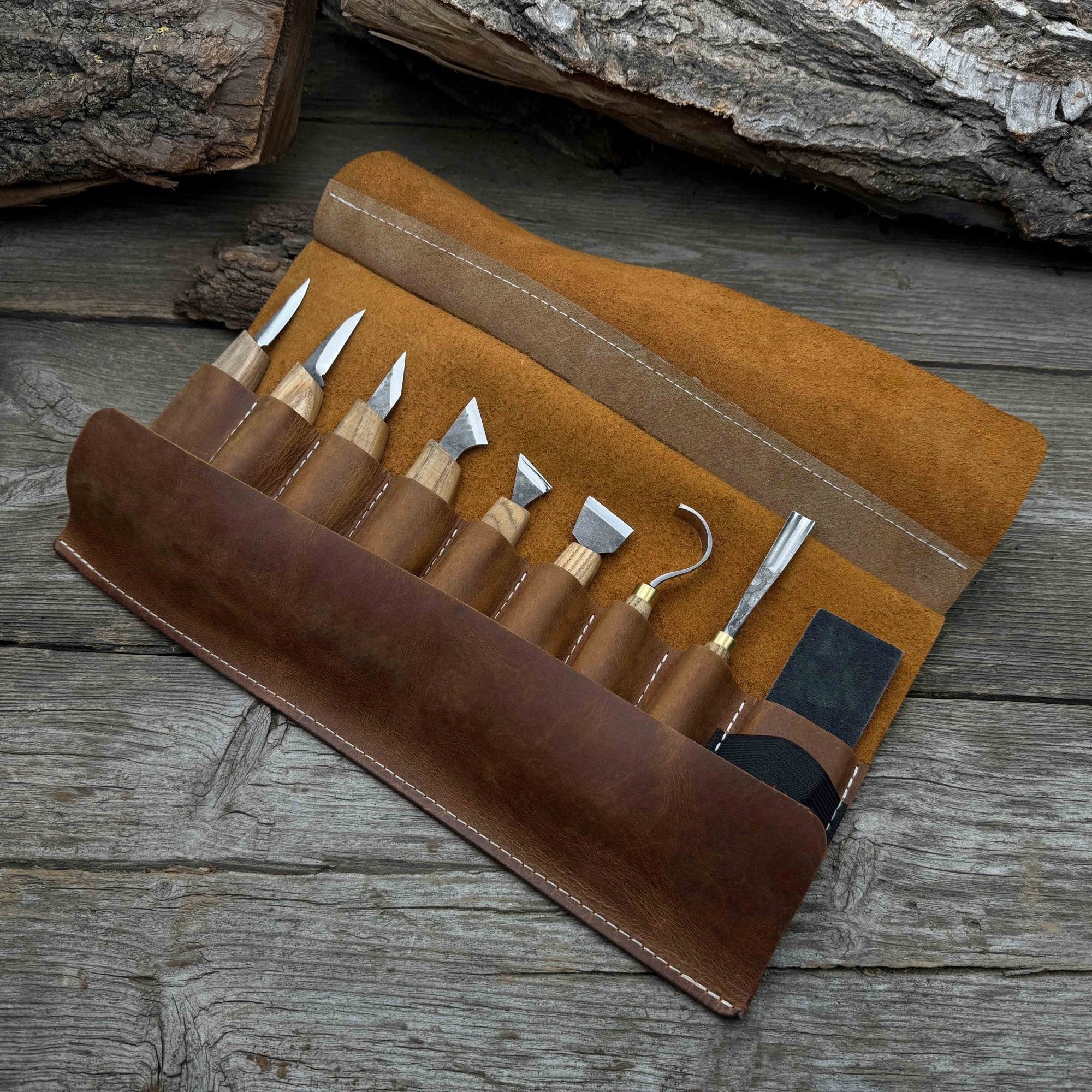 9-piece spoon carving tool set with sharpening board and leather case by Sharky Forged Steel Tools