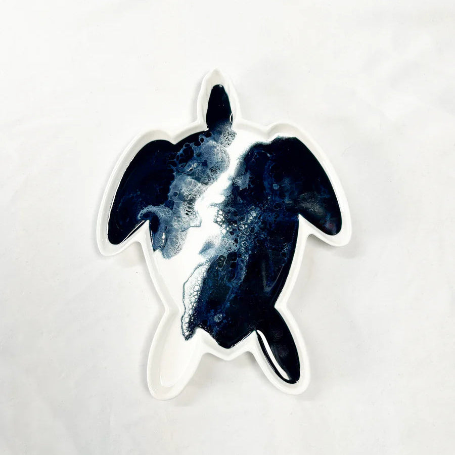 resin ceramic tray turtle with blue and black design on a white background