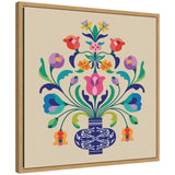 Framed canvas print depicting a floral arrangement in a blue vase by Rachel Lee