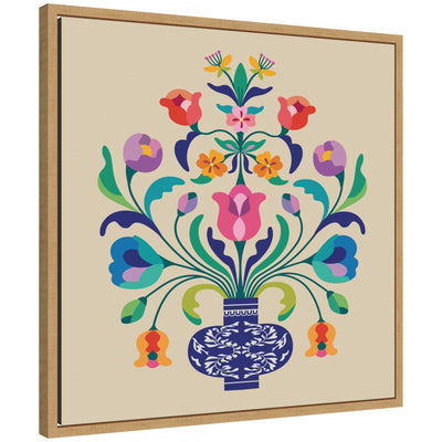 Framed canvas print depicting a floral arrangement in a blue vase by Rachel Lee