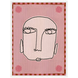 Abstract minimalist line drawing of a pale pink face with closed eyes and scalloped eyelids on a pink background bordered by rectangles and four sun shapes.