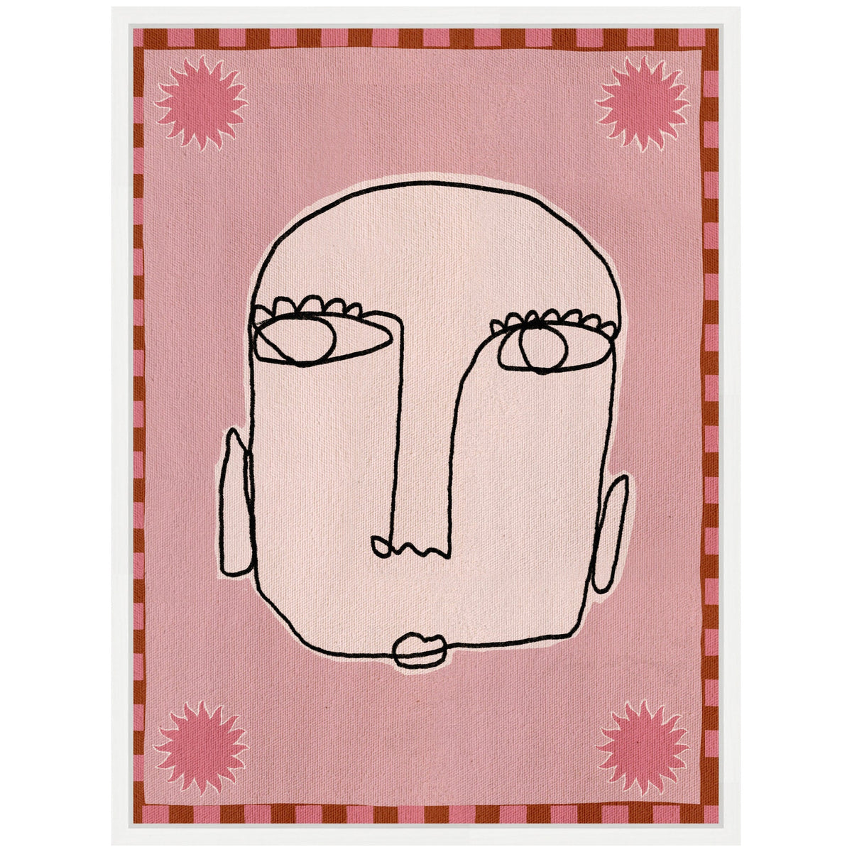 Abstract minimalist line drawing of a pale pink face with closed eyes and scalloped eyelids on a pink background bordered by rectangles and four sun shapes.